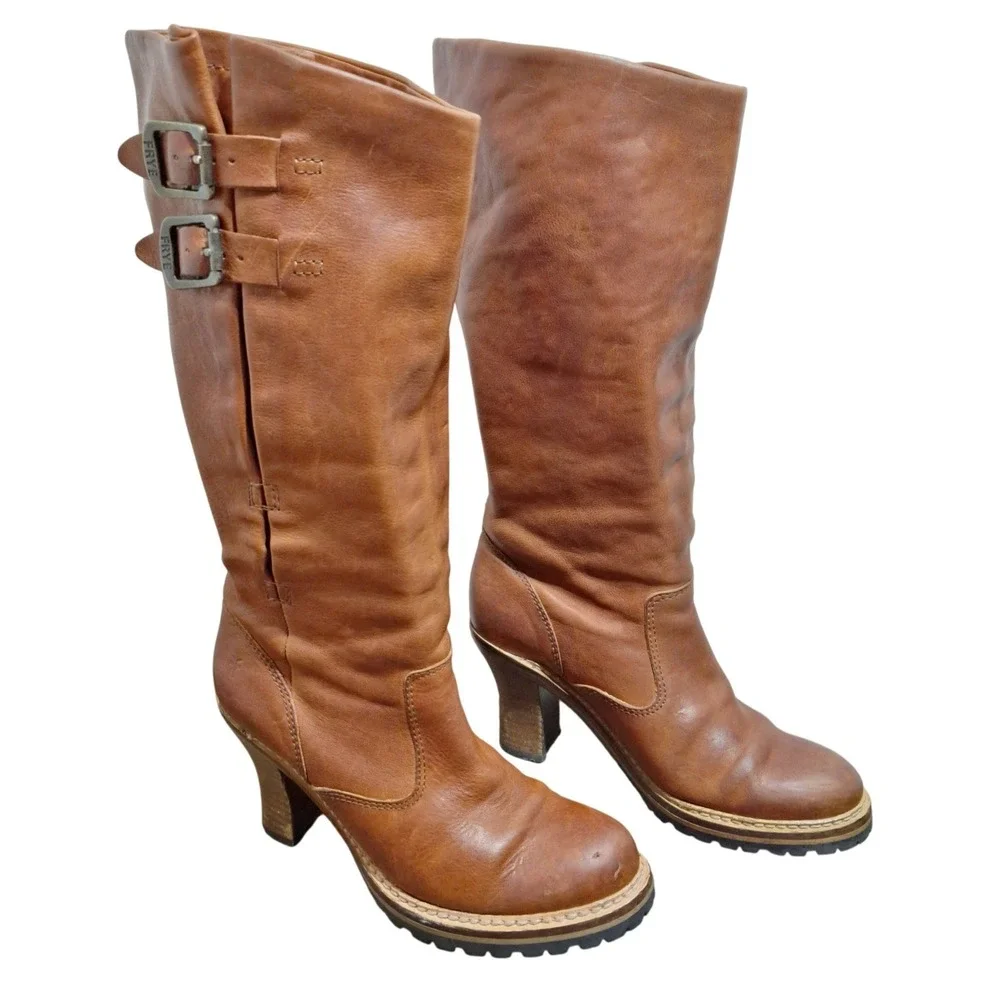 Frye Mildred Engineer Riding Pull Boots Womens 6.5M Brown Leather 3in Block Heel